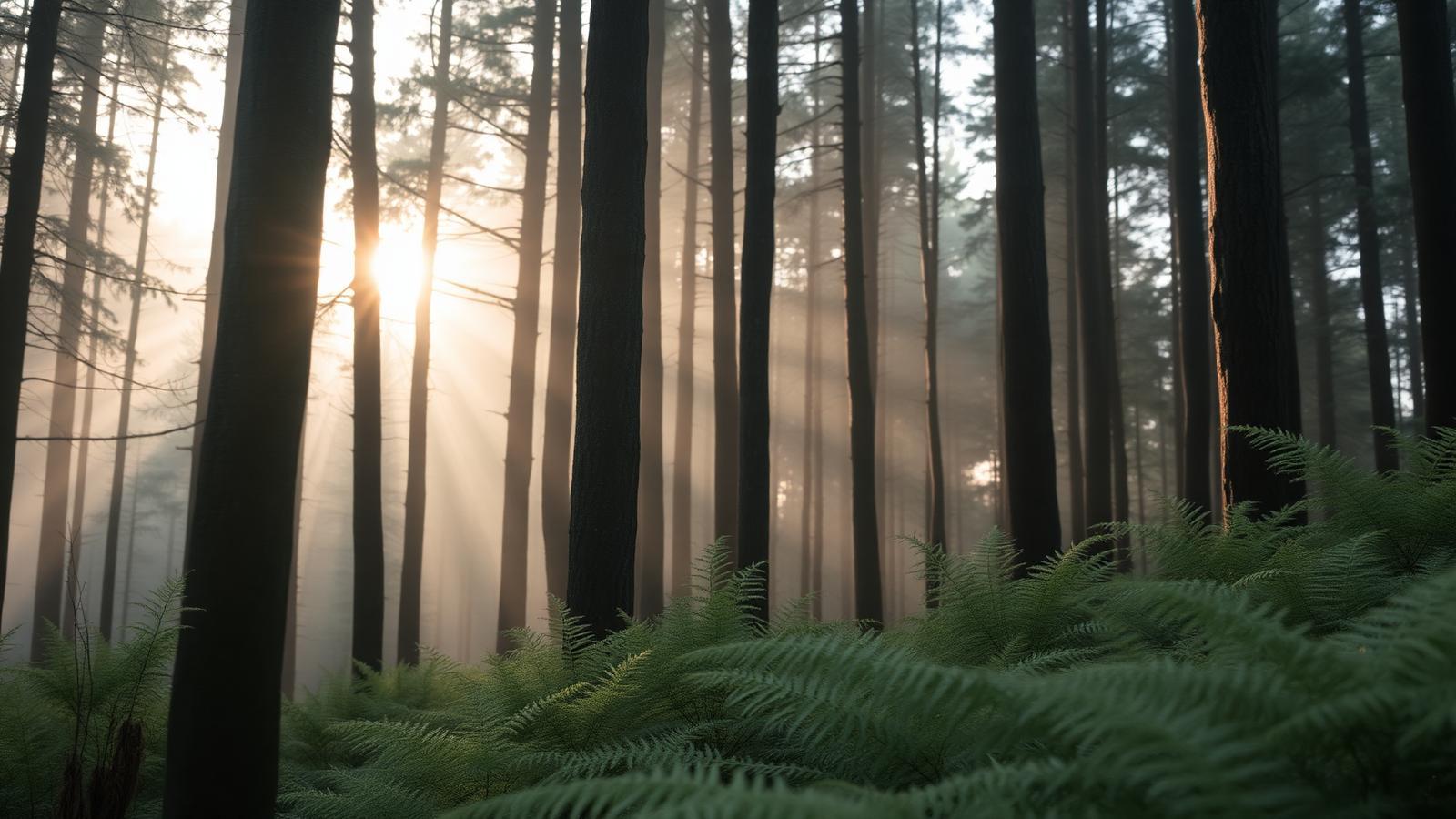Sunlight through trees over a fern-covered forest floor